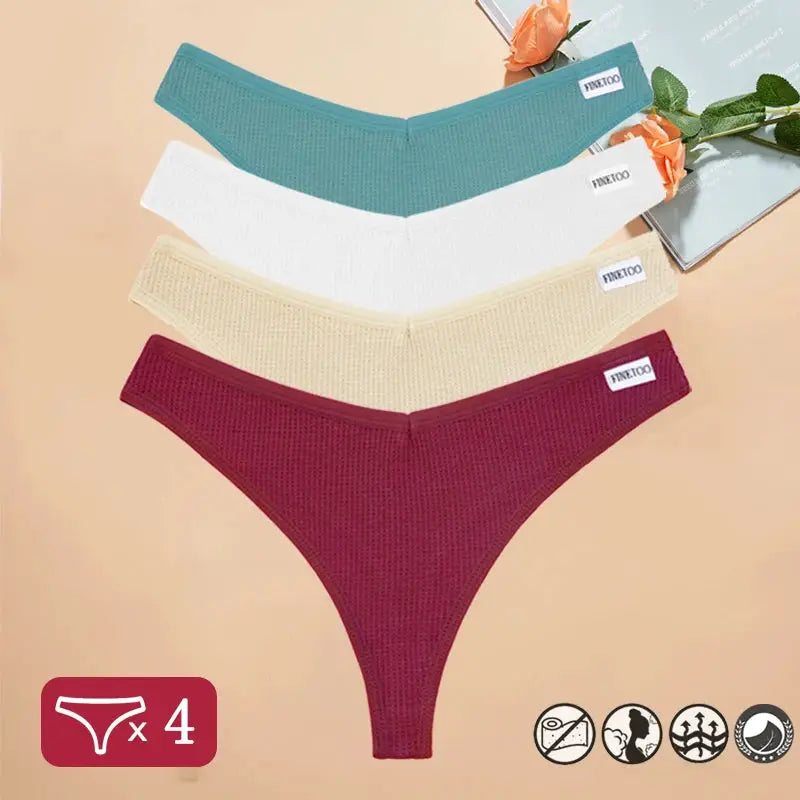 Thong panties 4-piece set in waffle cotton with V-waist; teal, white, beige, burgundy; Simples Market
