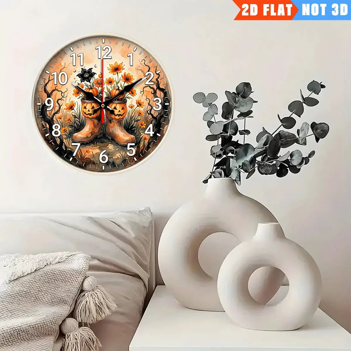 Round wall clock by Simples Market featuring orange pumpkin boots design; silent battery-powered decorative piece