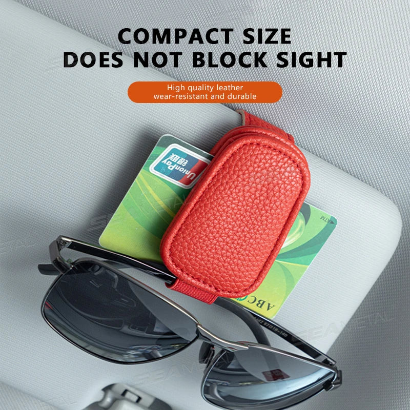 Car sun visor clip glasses holder in red PU leather; compact visor case holds one pair of sunglasses and two cards