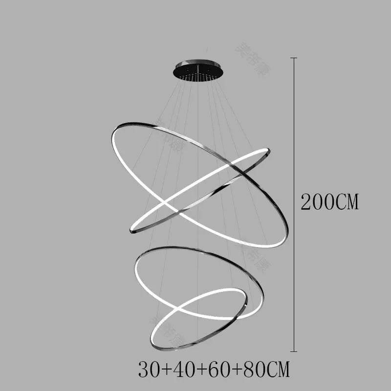 Simples Market spiral LED pendant light with four interlocking rings, black metal finish, 200 cm drop