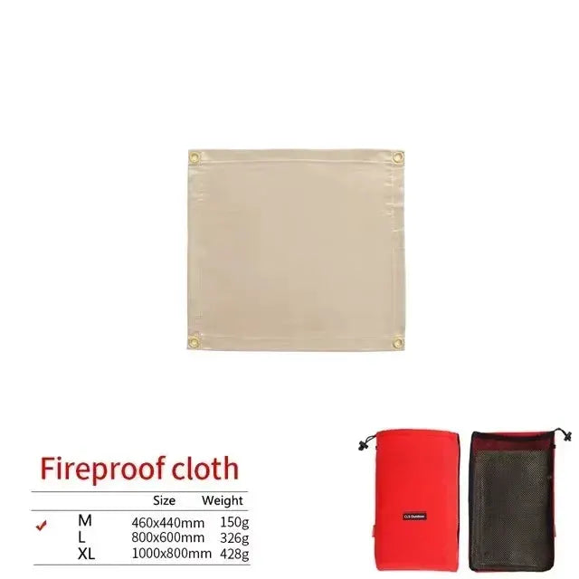 Beige fiberglass fireproof cloth mat from Simples Market with a red carrying pouch and a black mesh pouch.