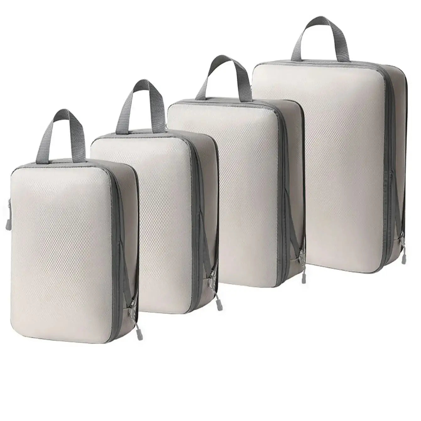 4-piece packing cubes set in light gray by Simples Market, waterproof travel organizers with handles.
