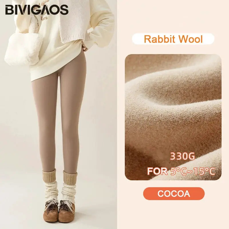 Rabbit fleece-lined sharkskin leggings for women by BIVIGAOS, cocoa brown