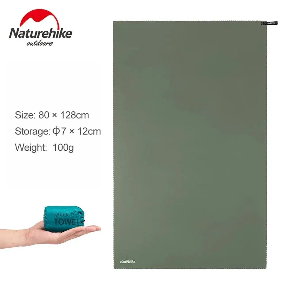 Naturehike microfiber quick-drying towel, ultralight camping towel in gray-green; compact blue roll, 80×128 cm, 100 g.