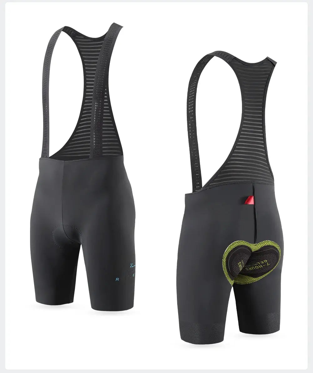 Men's cycling bib shorts in black with breathable striped mesh straps and padded chamois for long rides.