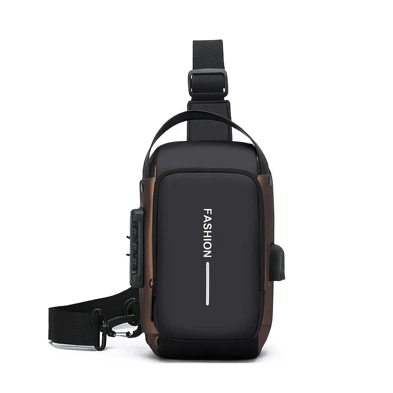 Stylish men's sling bag in black with brown accents, Oxford fabric, crossbody design with phone pocket and zip closure.