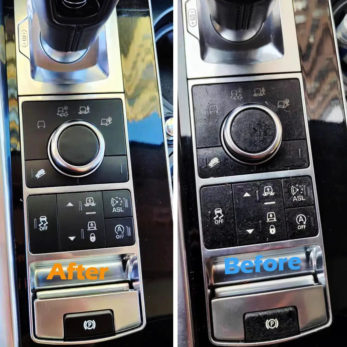 Sticky Button Cleaning Refurbishment kit for car center console; before/after glossy black control panel with rotary dial