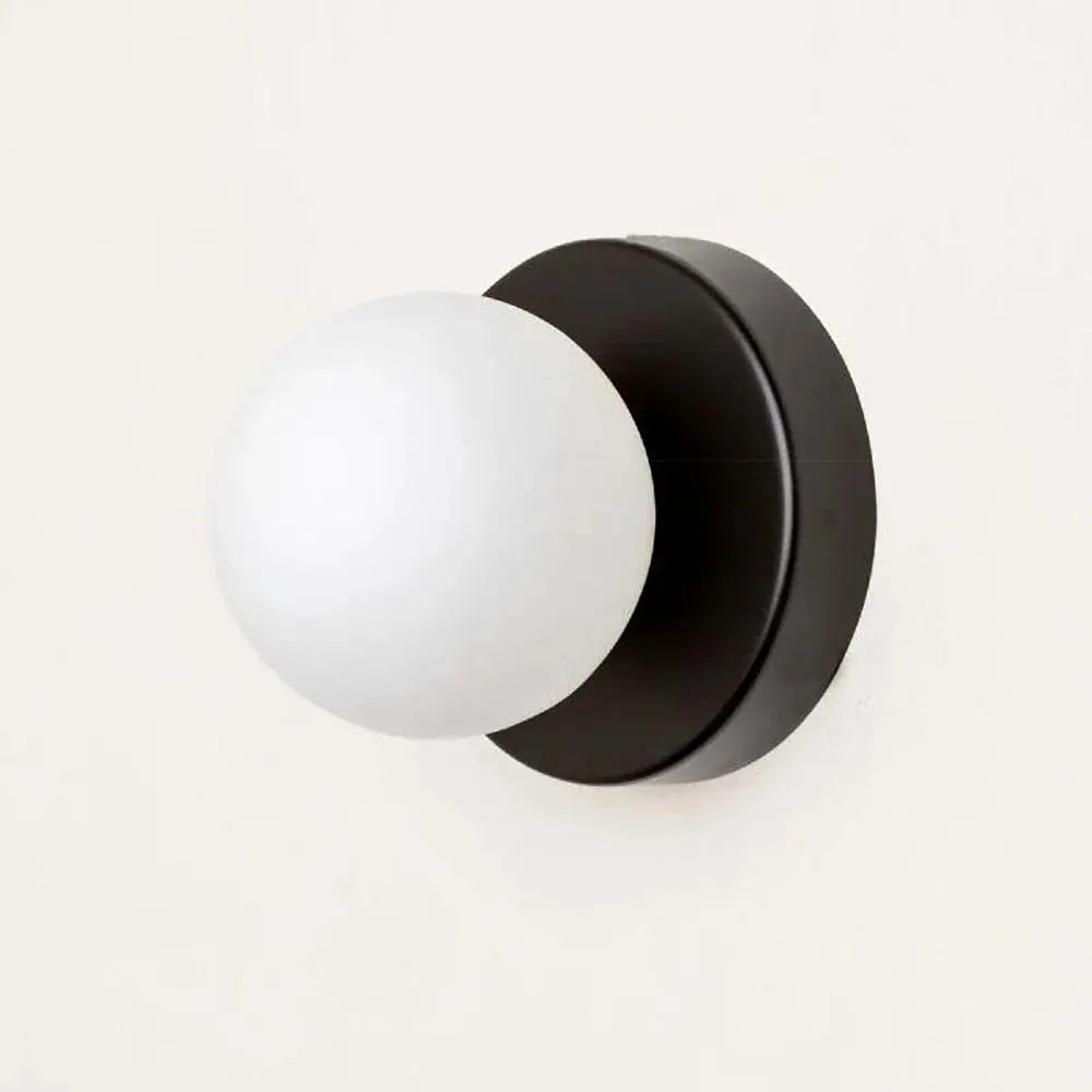 Nordic Macaron LED wall lamp with black round base and white glass globe, 10cm mini sconce.