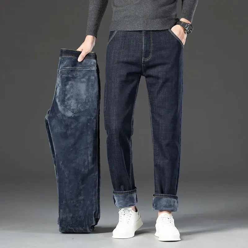 Men's winter fleece jeans, dark blue denim, straight leg; two pairs shown