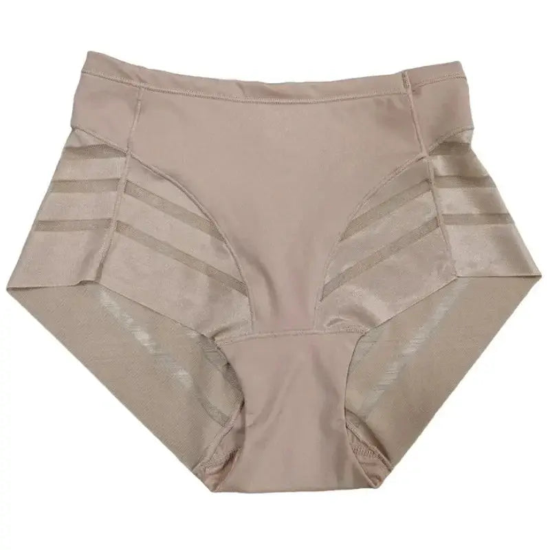 Beige high-waist seamless shapewear briefs with transparent mesh panels and tummy-control ice silk