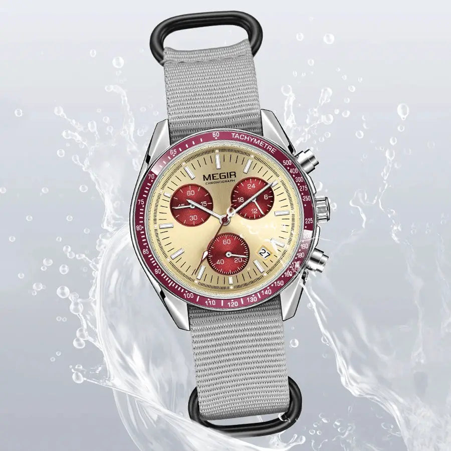Megir Quartz Chronograph Watch Waterproof Sport Wristwatch With Nylon Strap Luminous Pointers And Date