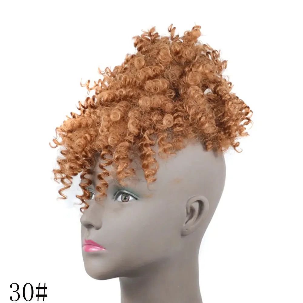 Afro Puff Updo Drawstring Ponytail with Bangs, golden brown kinky curly synthetic hair by Simples Market.