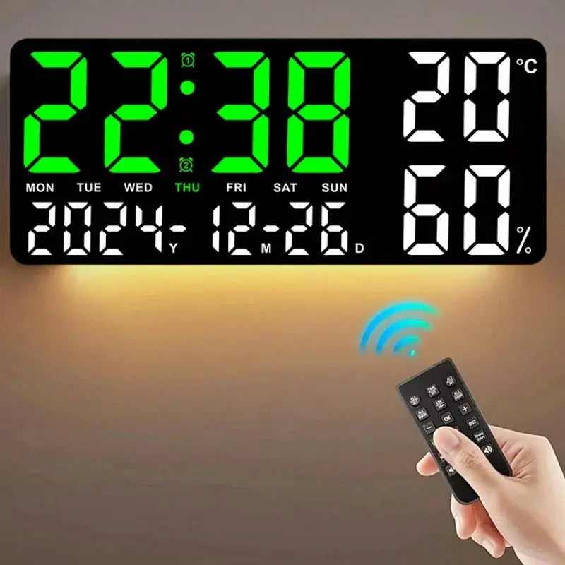 Large digital wall clock with 7-color mood light, date, temperature and humidity, 12/24h display, and remote.