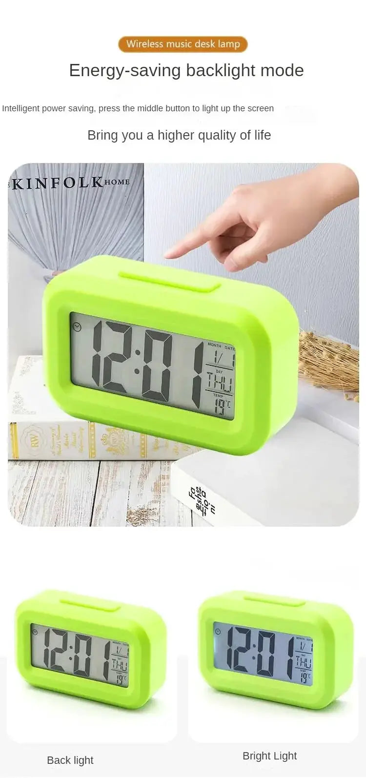 Set of three lime-green LED digital alarm clocks with backlit displays showing time, date, day and temperature
