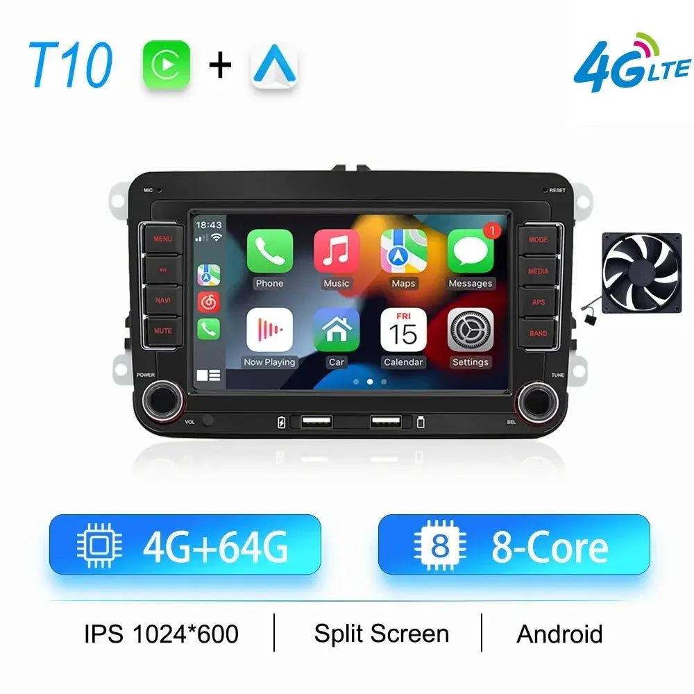 Black 2Din Android car radio with 1024x600 IPS touchscreen, universal VW/Skoda/Jetta fit, CarPlay, WiFi, GPS navigation