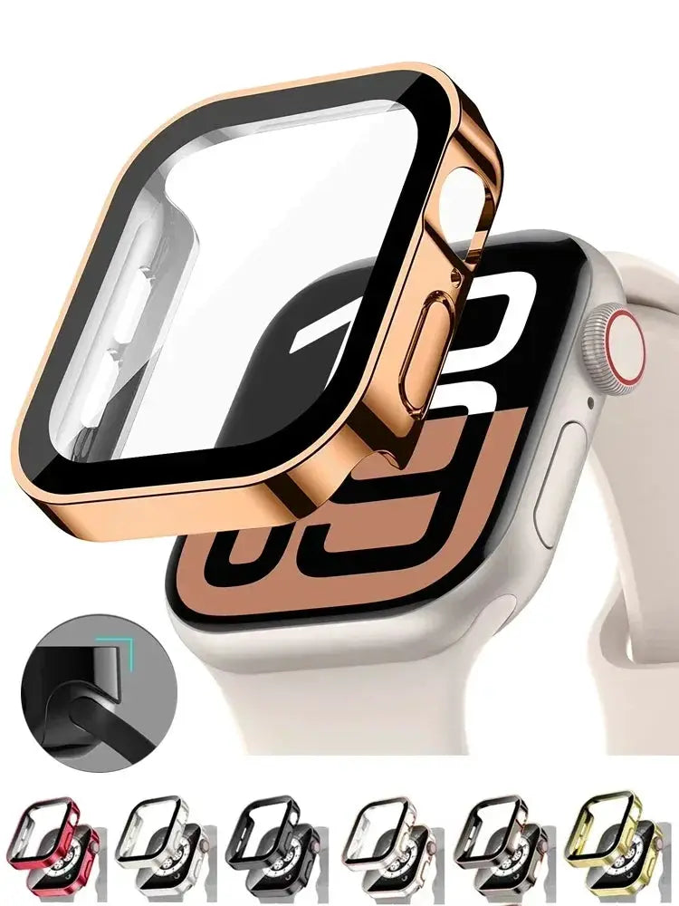Apple Watch bumper case with tempered glass screen protector in rose gold; fits 40-46mm models, seven color options shown.