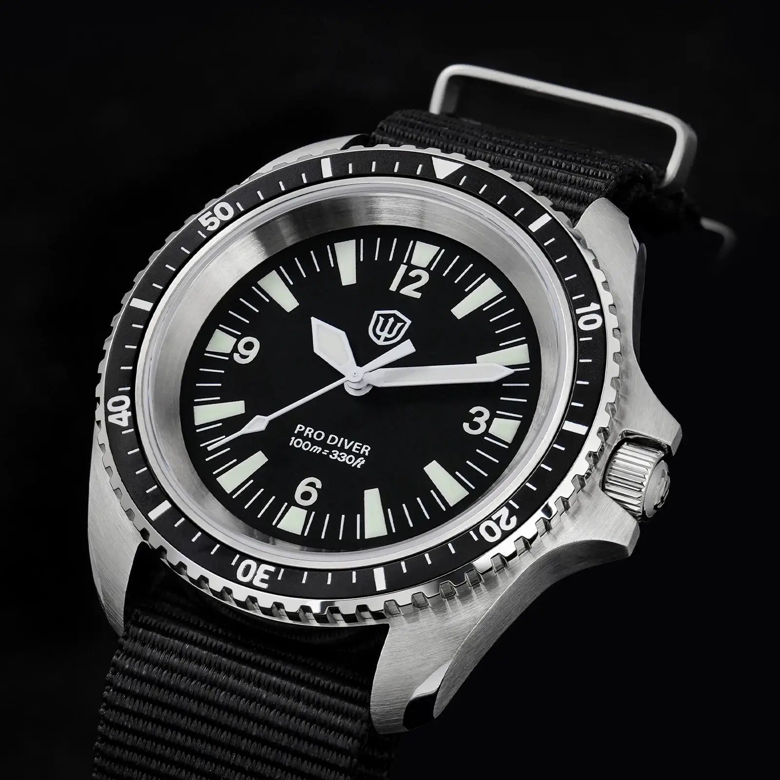 Watchdives WD1980 V3 diver’s watch with black dial, stainless steel case, black bezel, nylon strap