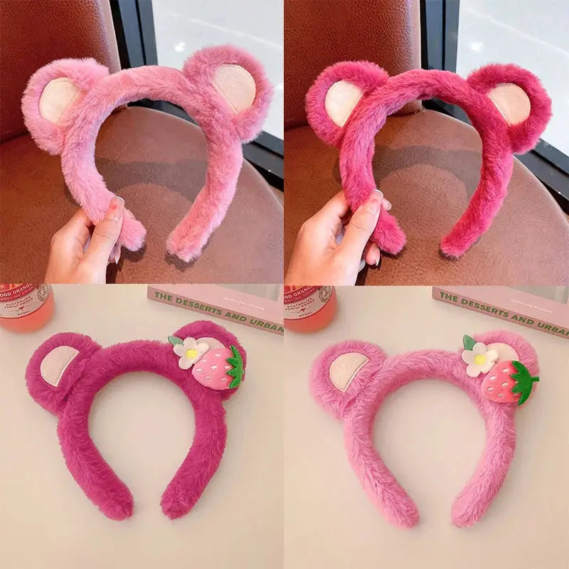Strawberry Bear Plush Headband For Women Soft Hairband For Face Wash And Skincare Cute Fashion Accessory