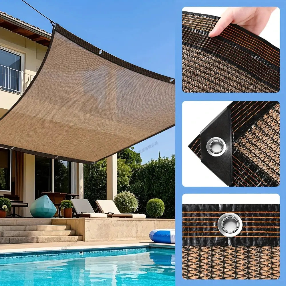 Garden shade cloth with grommets in tan fabric for patio or pergola, shown draped over a poolside lounge area.