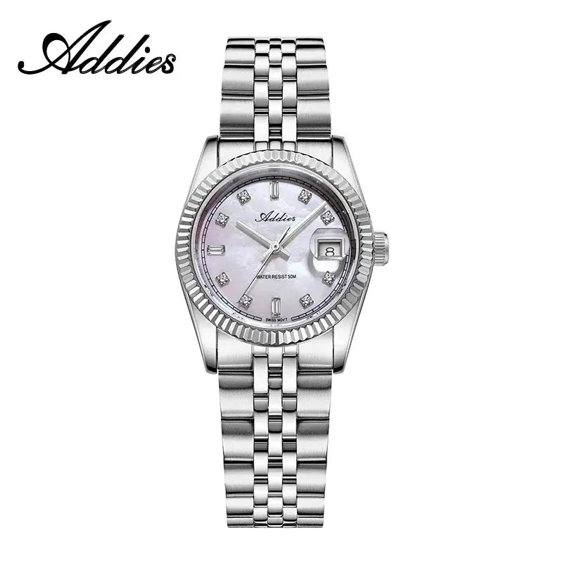 Adddies women's stainless steel watch with mother-of-pearl dial