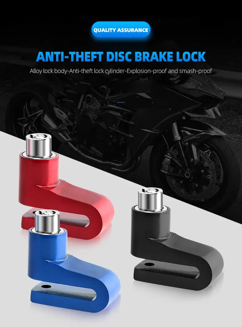 Anti-theft disc brake lock set by Simples Market, 4 colors (red, blue, black, gray).