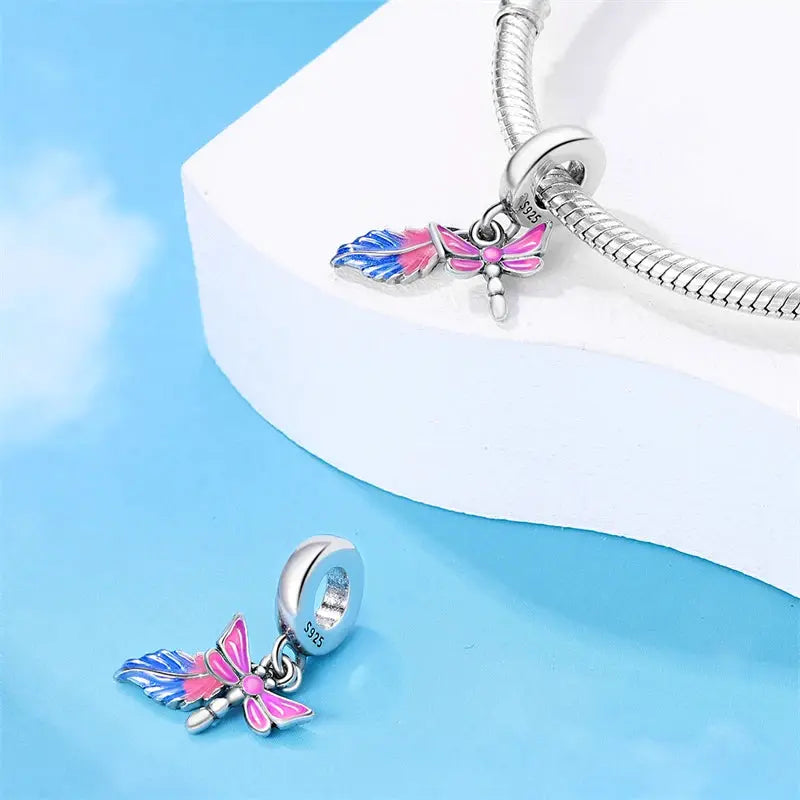 925 Sterling Silver Colorful Butterfly Dragonfly Feathers Charms Luminous Stars Pendants For Bracelets Fine DIY Jewelry