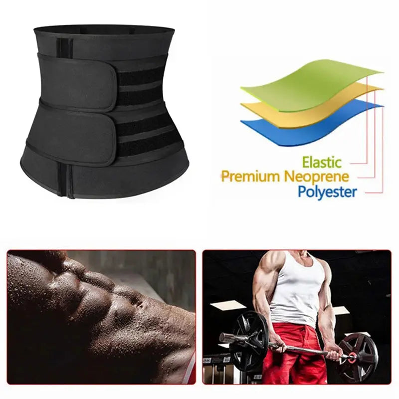 Simples Market waist trainer corset for men, black neoprene belt with dual Velcro straps; 4-image collage