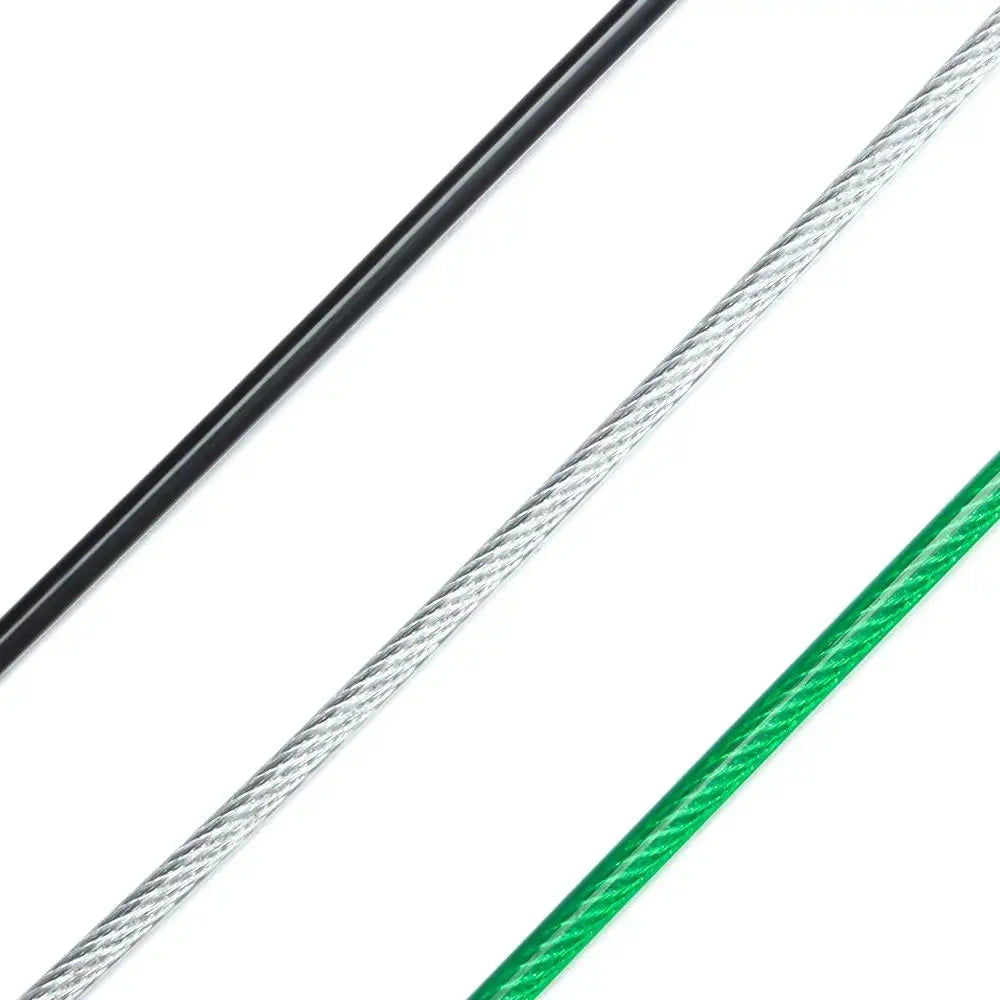 Three bicycle lock cables: black plastic-coated, braided silver steel, and green-coated