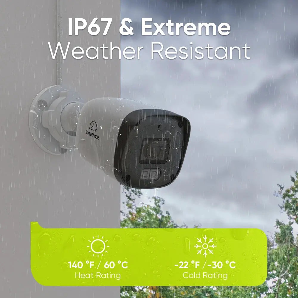 SANNCE security camera mounted on exterior wall in rain; IP67 weather resistant.