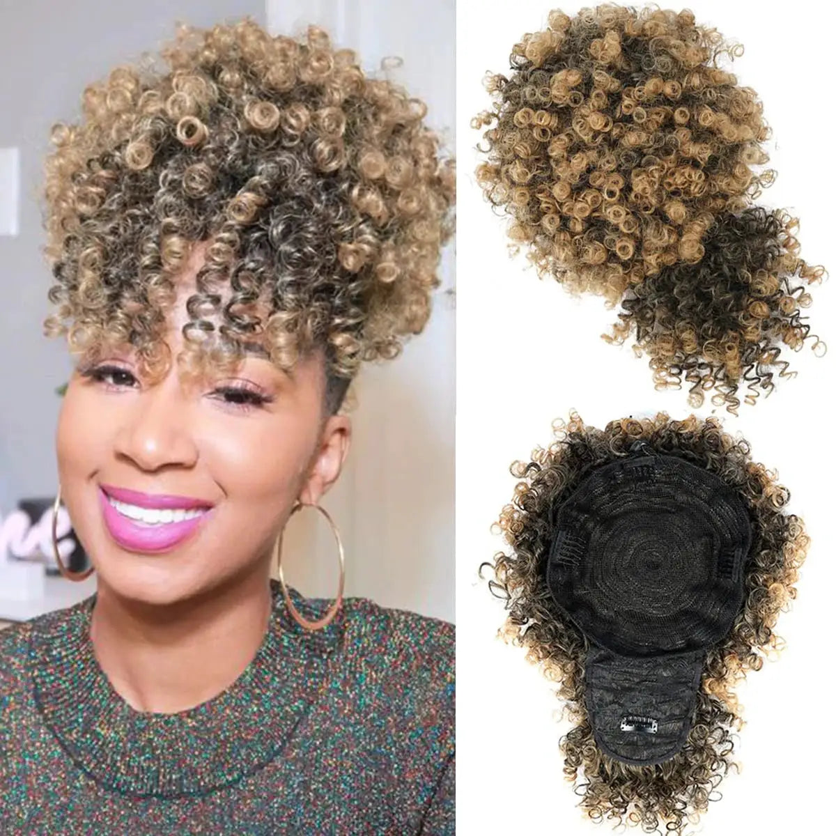 Afro Puff Kinky Curly Drawstring Ponytail Extension with Bangs, black synthetic hair by Simples Market