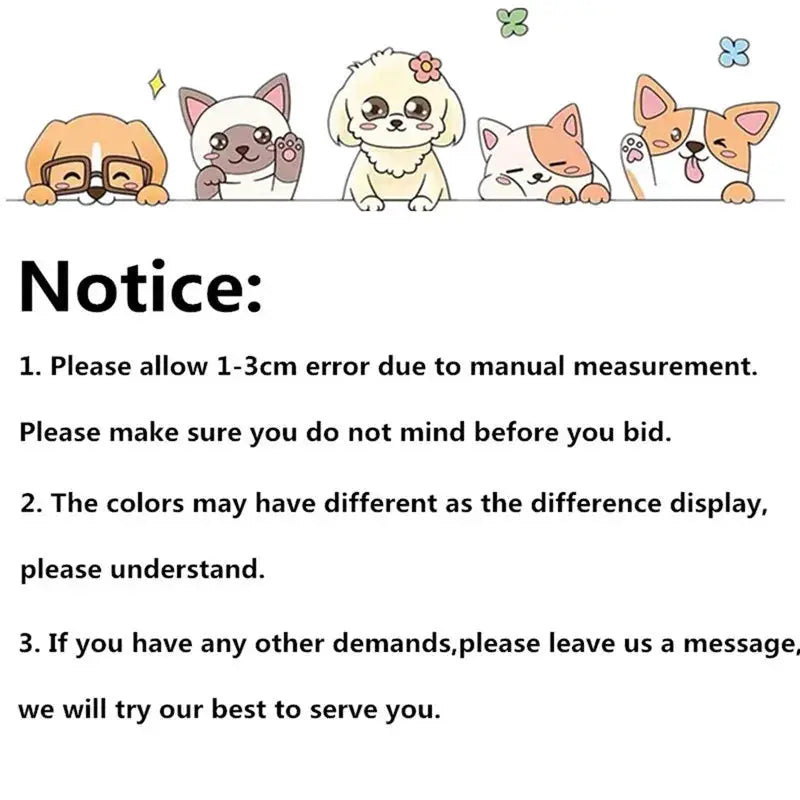 Notice card featuring five cartoon pets above a block of instructional text.