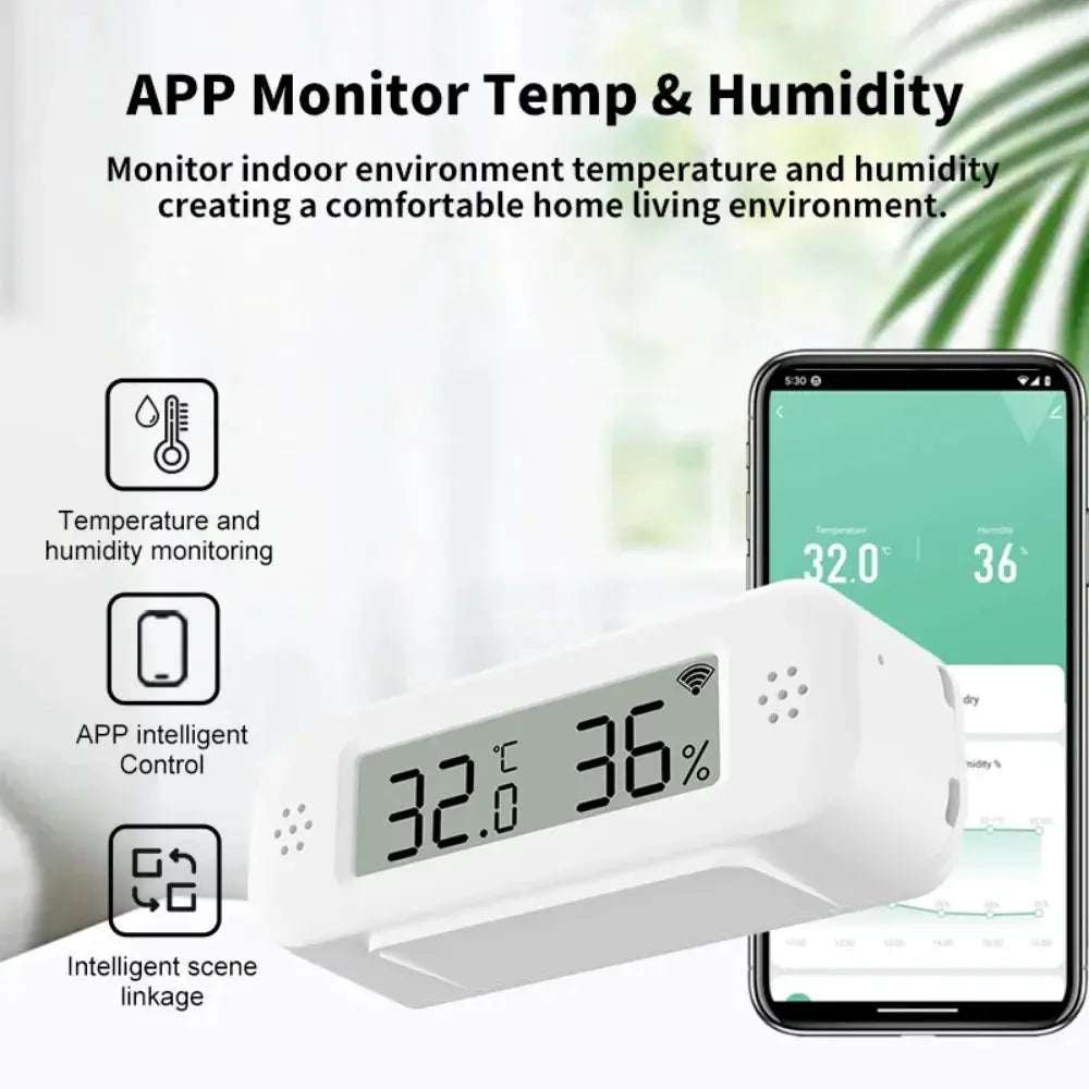 Tuya WiFi Mini Temperature Humidity Thermometer Hygrometer; white device displaying 32°C and 36% humidity with app