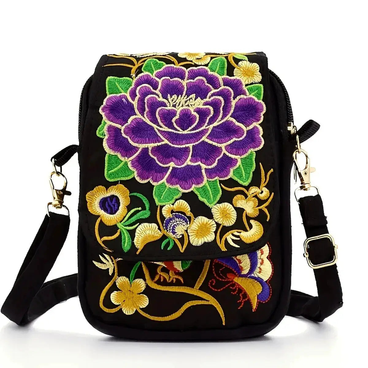 Stylish Embroidered Crossbody Phone Bag, black canvas with purple flower embroidery, adjustable strap by Simples Market