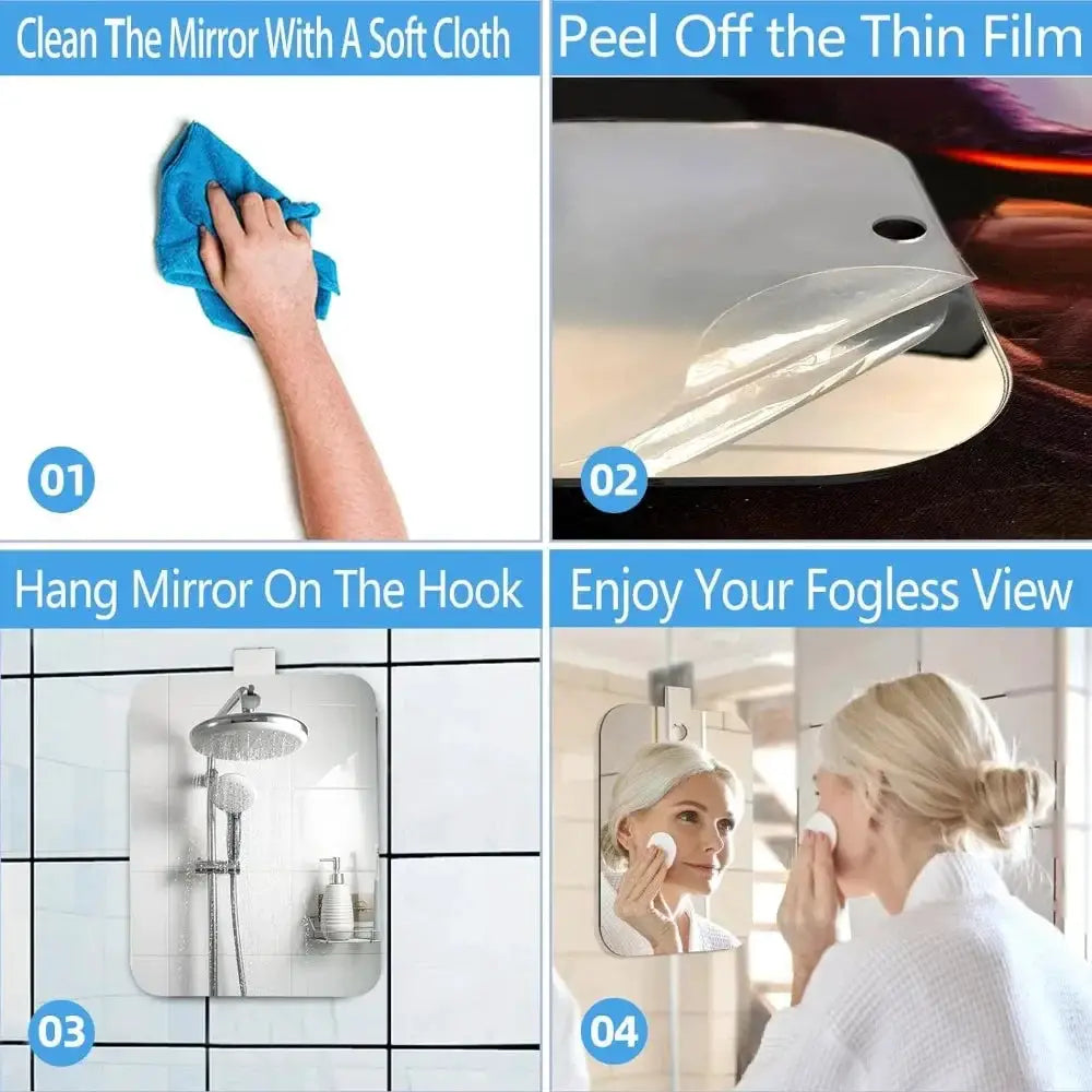 Anti-fog bathroom mirror with acrylic fogless panel and wall hook; portable vanity mirror for shaving or makeup.