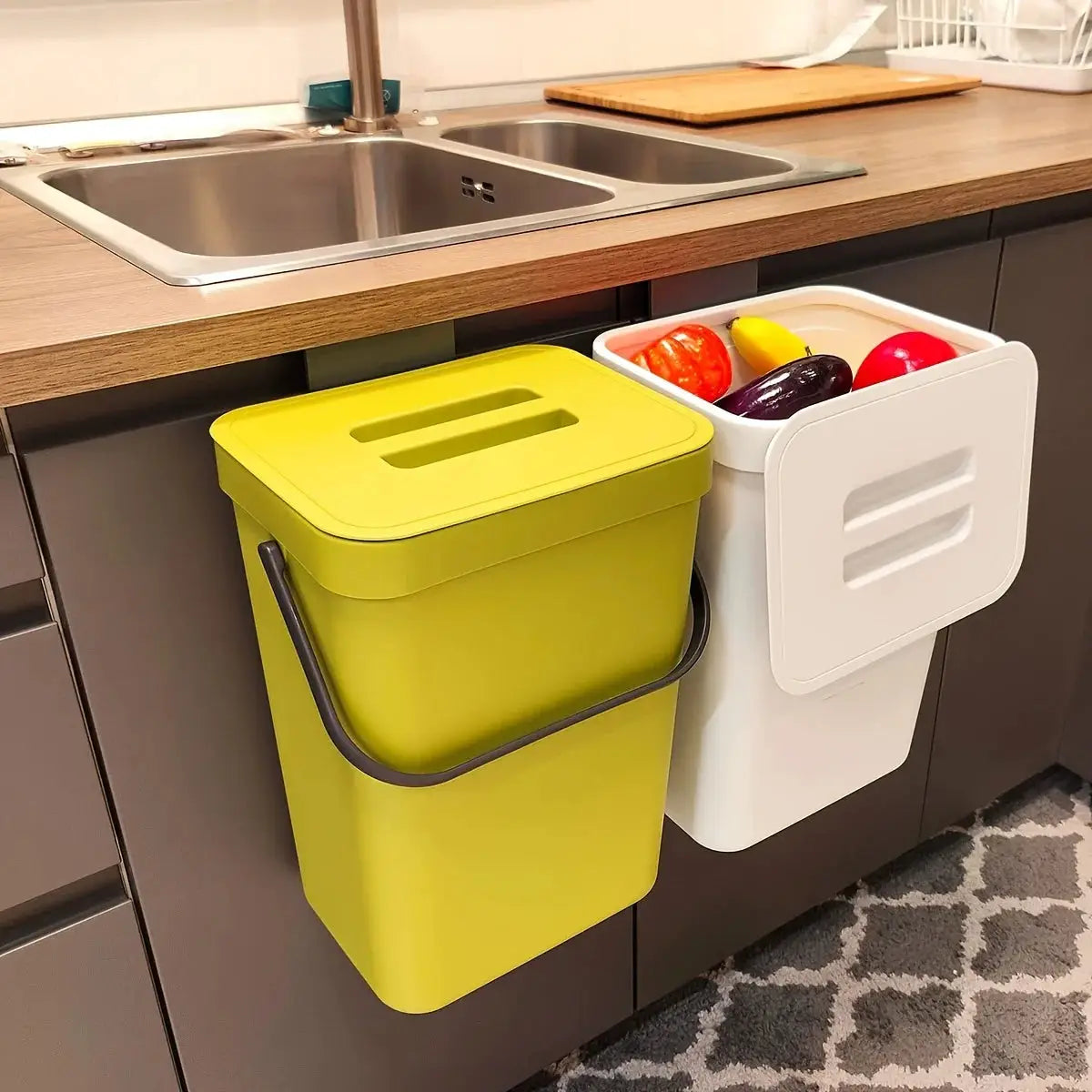 Space-saving quiet-close 2-bin trash can set, 3/5L, lime green with white lid, sealed for kitchen and office