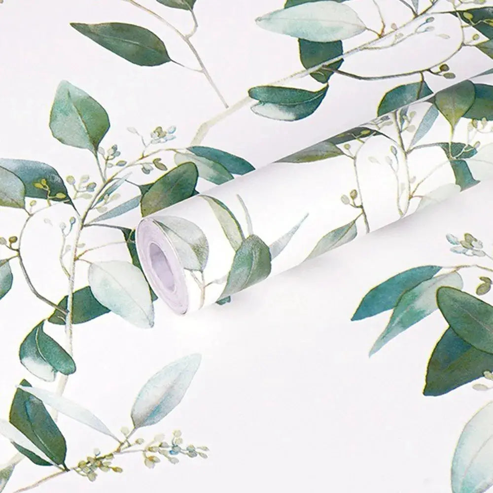 Floral grey peel-and-stick wallpaper roll by Simples Market with green leaves; waterproof, removable self-adhesive.