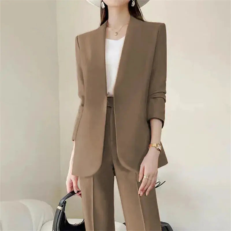 Women’s taupe 2-piece suit set with blazer and tailored trousers