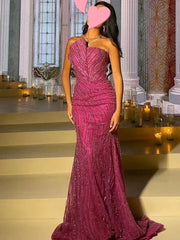 Elegant Vintage Pink Mermaid Evening Dress Beaded Lace Long Gown