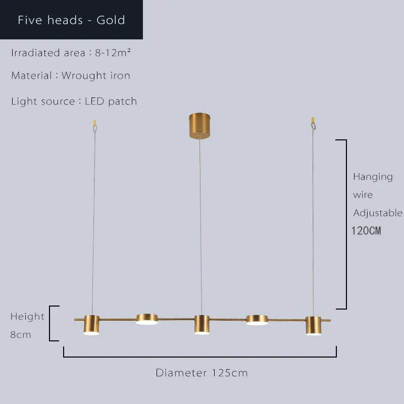 Five-head gold LED ceiling chandelier by Simples Market, modern wrought-iron dining pendant light, 125cm dia