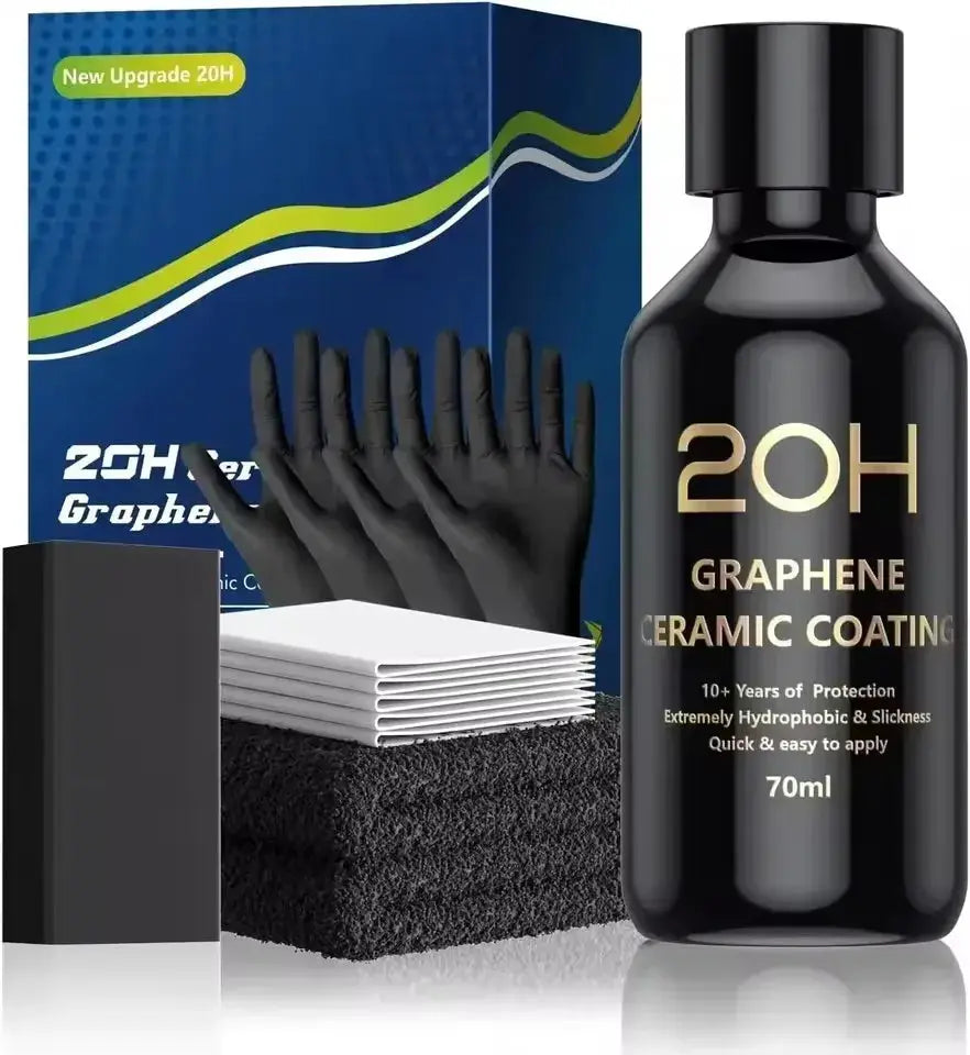 Simples Market Graphene Ceramic Coating 20H bottle set; black bottle with gold text, includes gloves and applicator pads