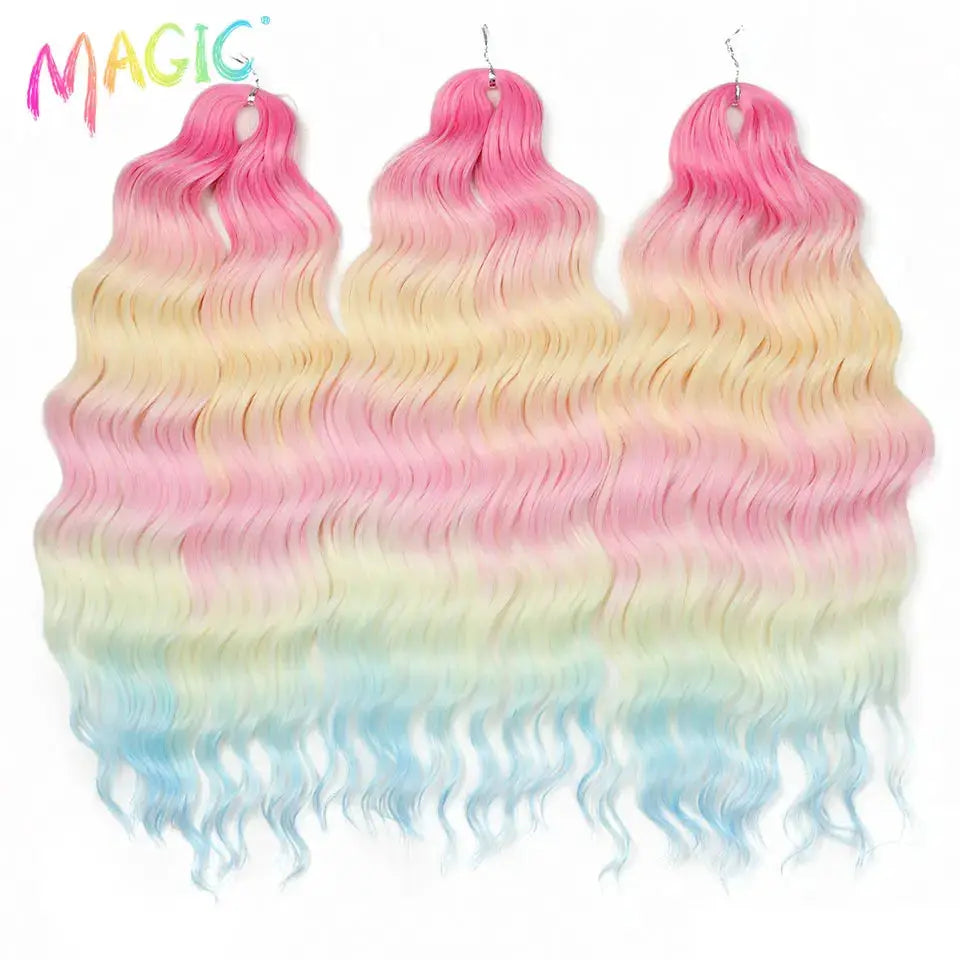 Anna Synthetic Water Wave Braiding Hair Extensions, 24in, ombre pink to blue gradient, set of 3 crochet bundles