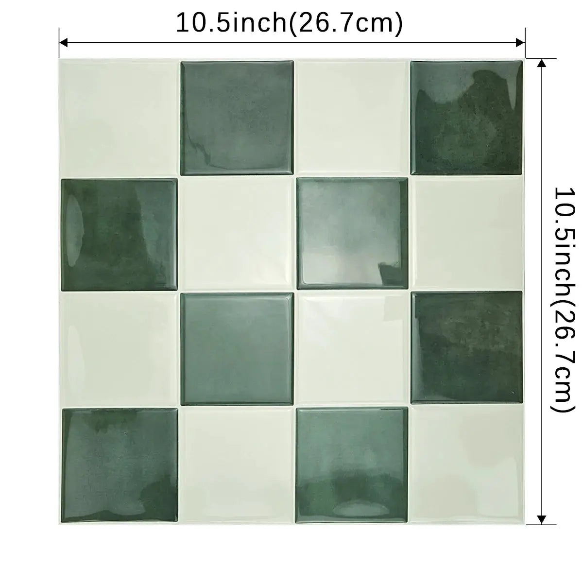 Simples Market 16-piece 3D mosaic self-adhesive wall tile sheet; cream and dark green square backsplash, 10.5in x 10.5in