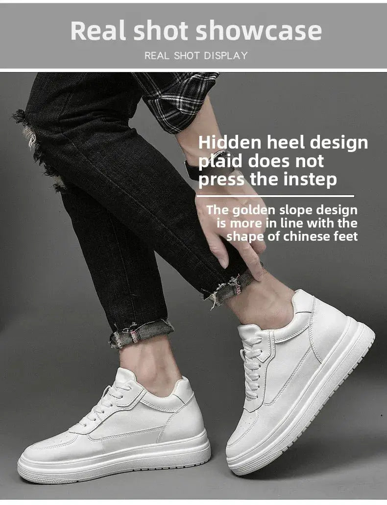 Simples Market men's white elevator sneakers with hidden heel for 6/8/10cm height increase, casual leather shoes