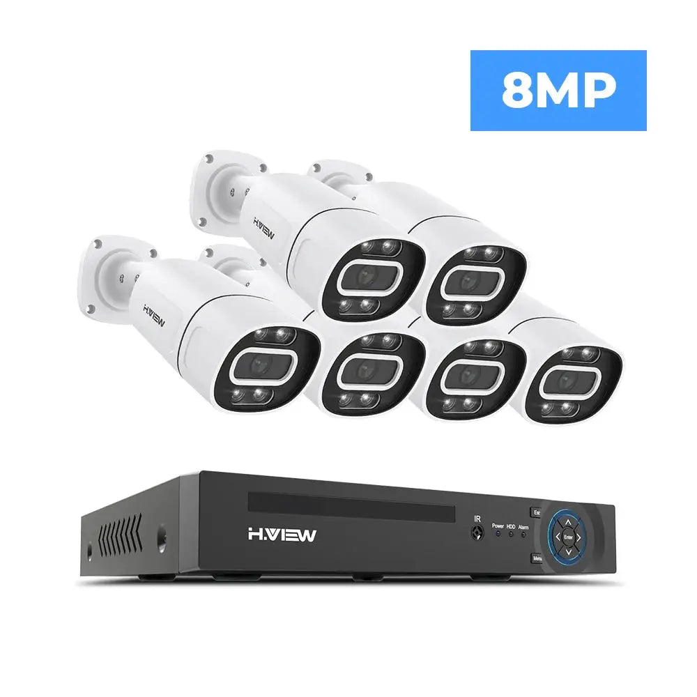 H.View 8-channel PoE CCTV NVR kit with 6 white 8MP outdoor IP cameras; supports XMEye app