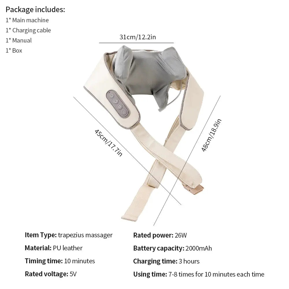 Foreverlily neck and shoulder massager with beige PU leather straps and gray pad, wireless 26W