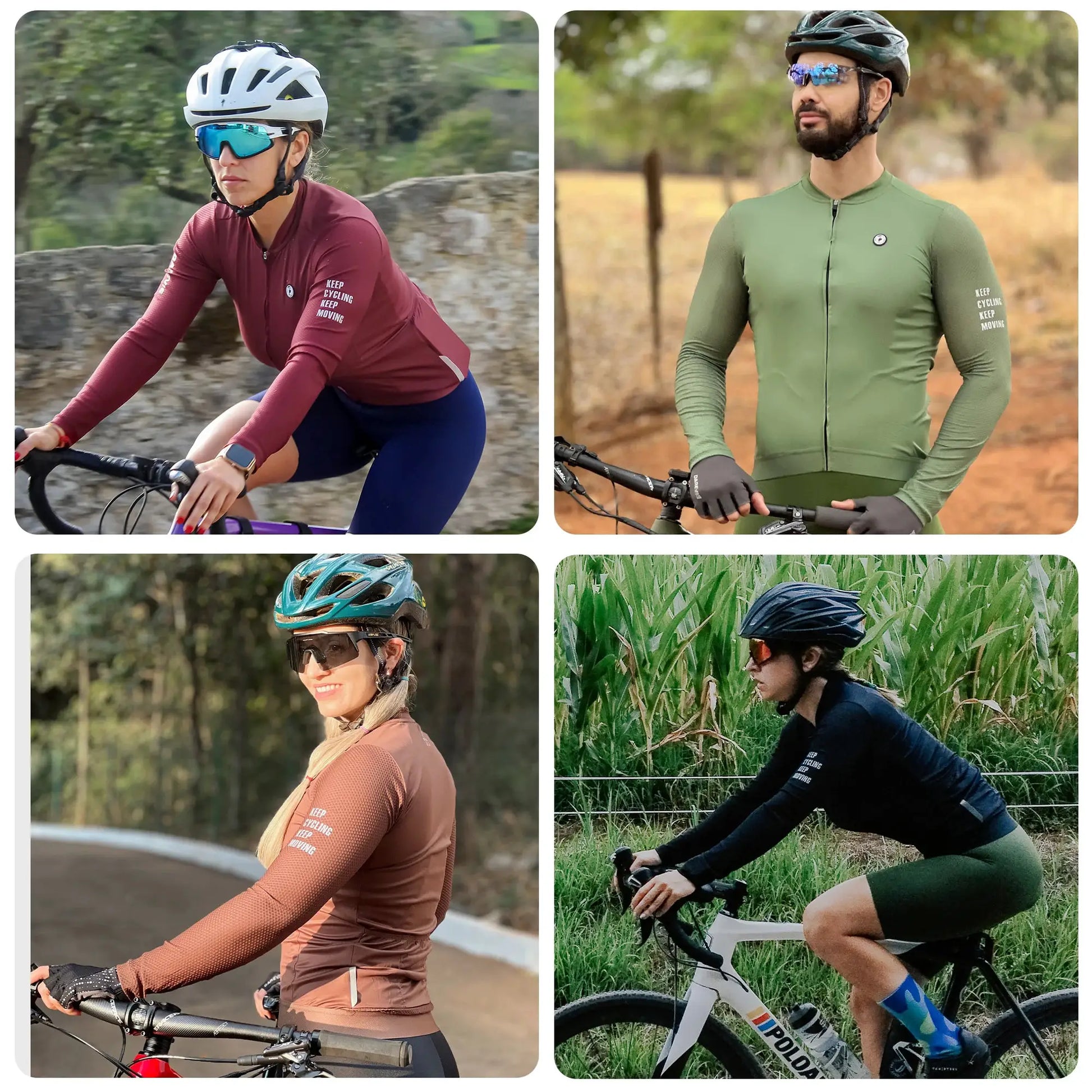 DAREVIE long-sleeve cycling jersey by Simples Market; SPF50+ breathable men and women, in maroon, olive, brown, black.