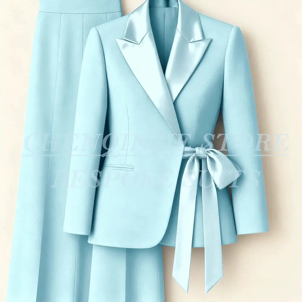Women's light blue blazer suit set with satin peak lapels and waist-tie belt, 2-piece pants outfit