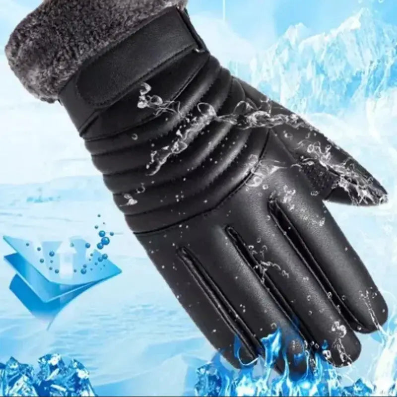 Men's Winter Gloves Fur Mouth Plush Insulation Outdoor Cycling Motorcycle PU Touch Screen Cotton Gloves