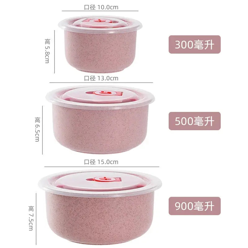 Three Piece Wheat Straw Fresh Keeping Bowls Set With Lids Microwave Safe Round Lunch Boxes For Home Use