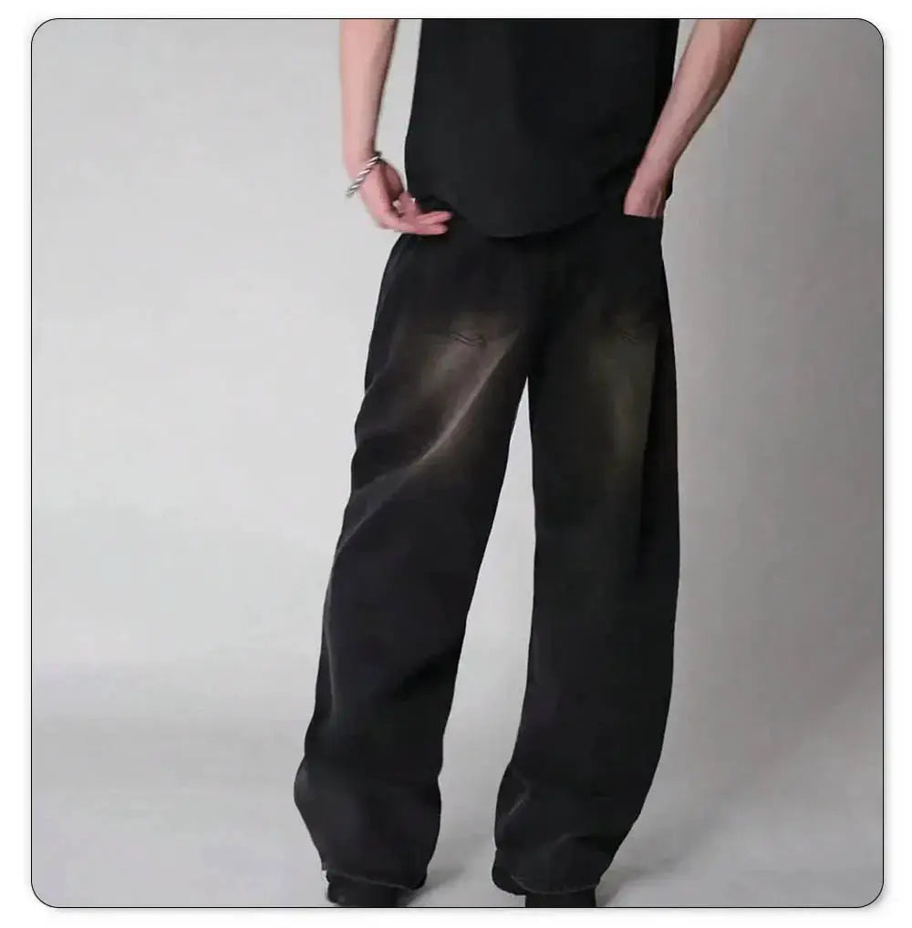 Four Season men's baggy jeans by Simples Market, black wide-leg denim casual pants.
